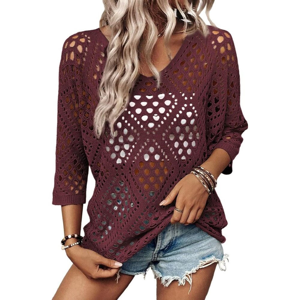 〽️Women Burgundy 3/4 Sleeve V Neck Hollow Out Beach Crochet Cover Sweater